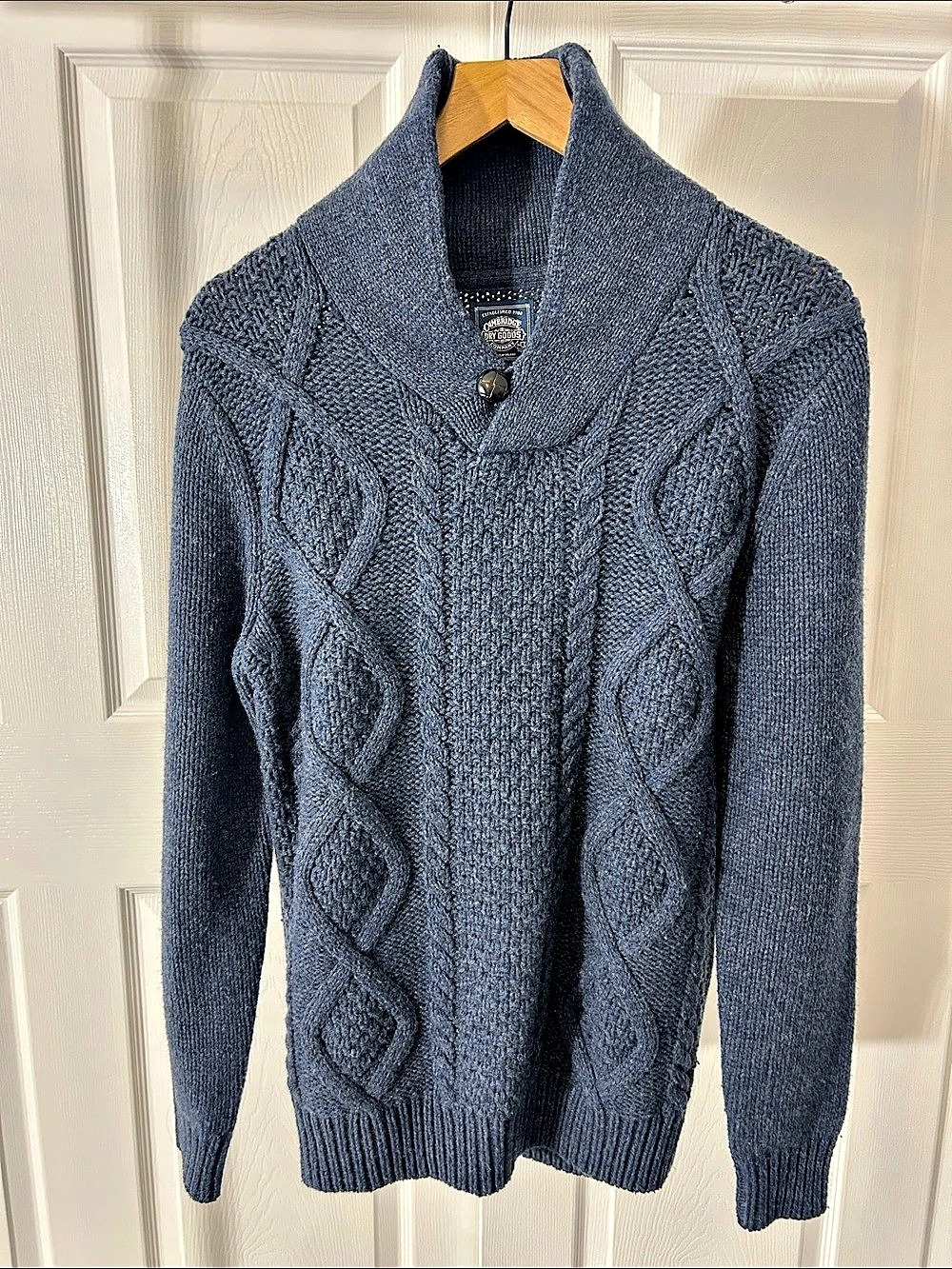 Cambridge Dry Goods Cable Knit Shawl Collar Sweater in Blue